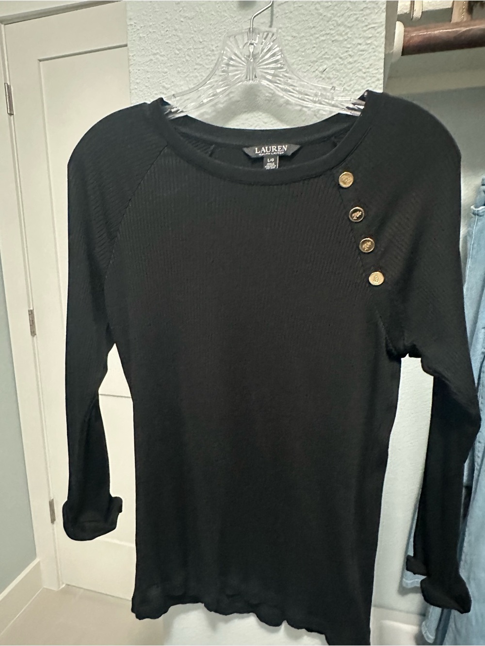 Ralph Lauren Black Long-Sleeve Ribbed Top with Gold Shoulder Buttons